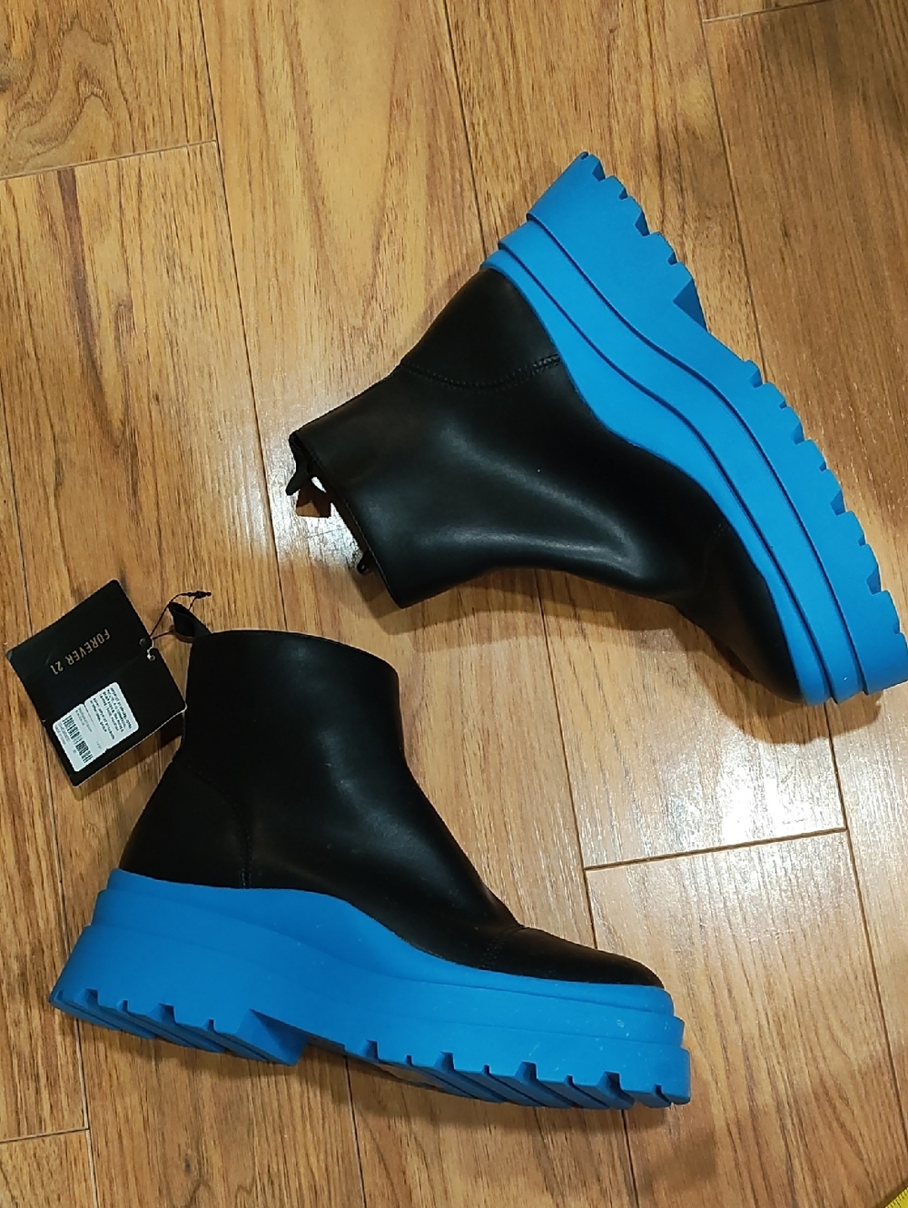 Forever 21 Black Ankle Boots with Bright Blue Platform Sole